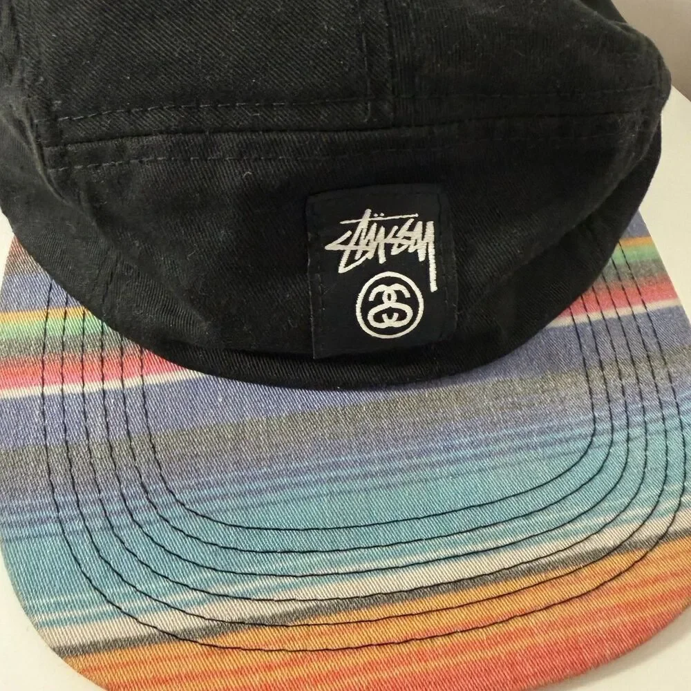 Stussy Strapback Hat Black Multicolor Stripe Brim Streetwear Cap
